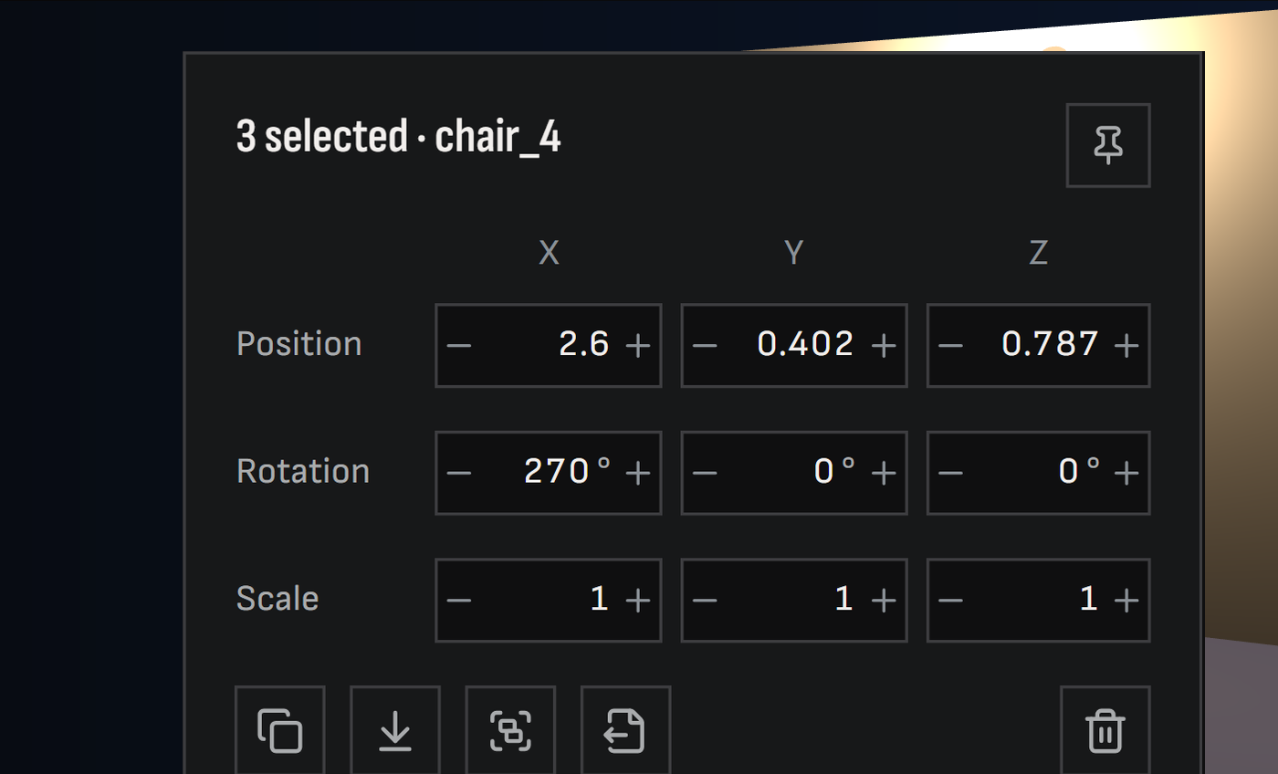 The object card beside three selected chairs, with their position, rotation and scale.