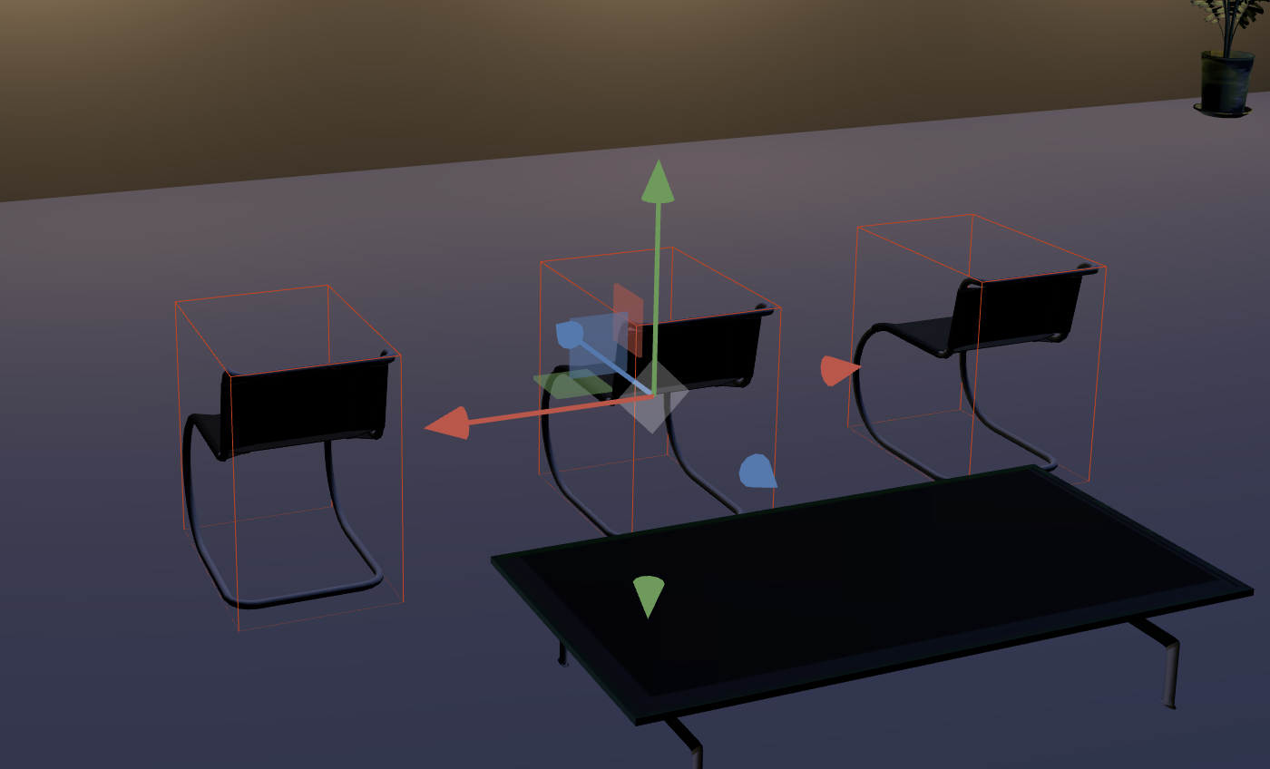 Three selected chairs with the move handles, ready to snap.