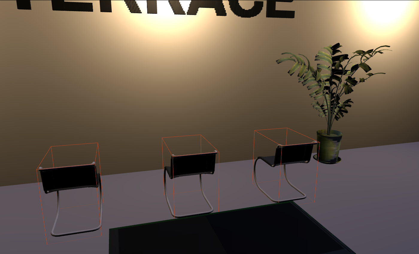 Three chairs lined up in a row behind a low table.