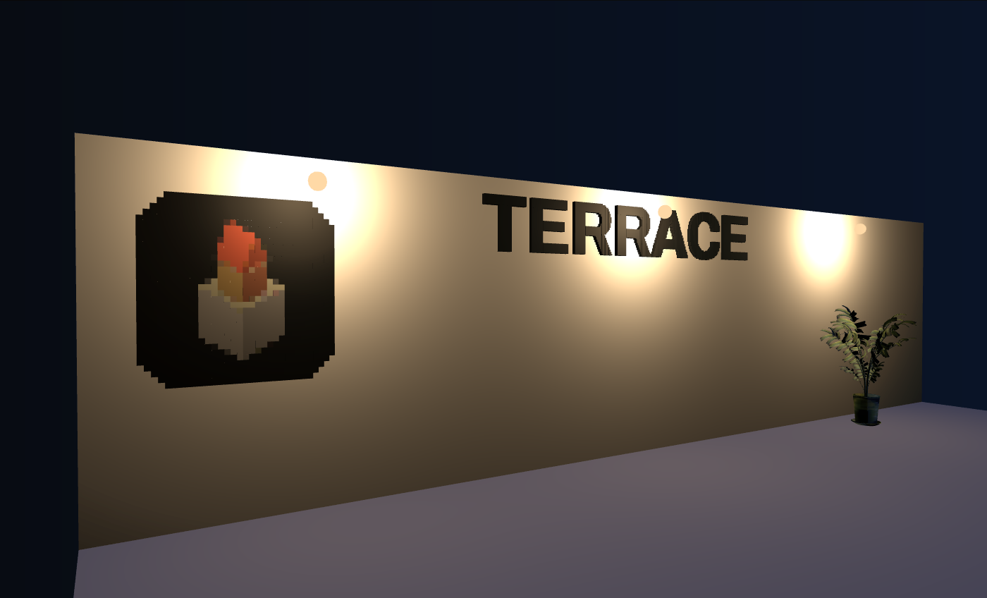 The lettering TERRACE and a framed picture on a lit wall, both made in the editor.