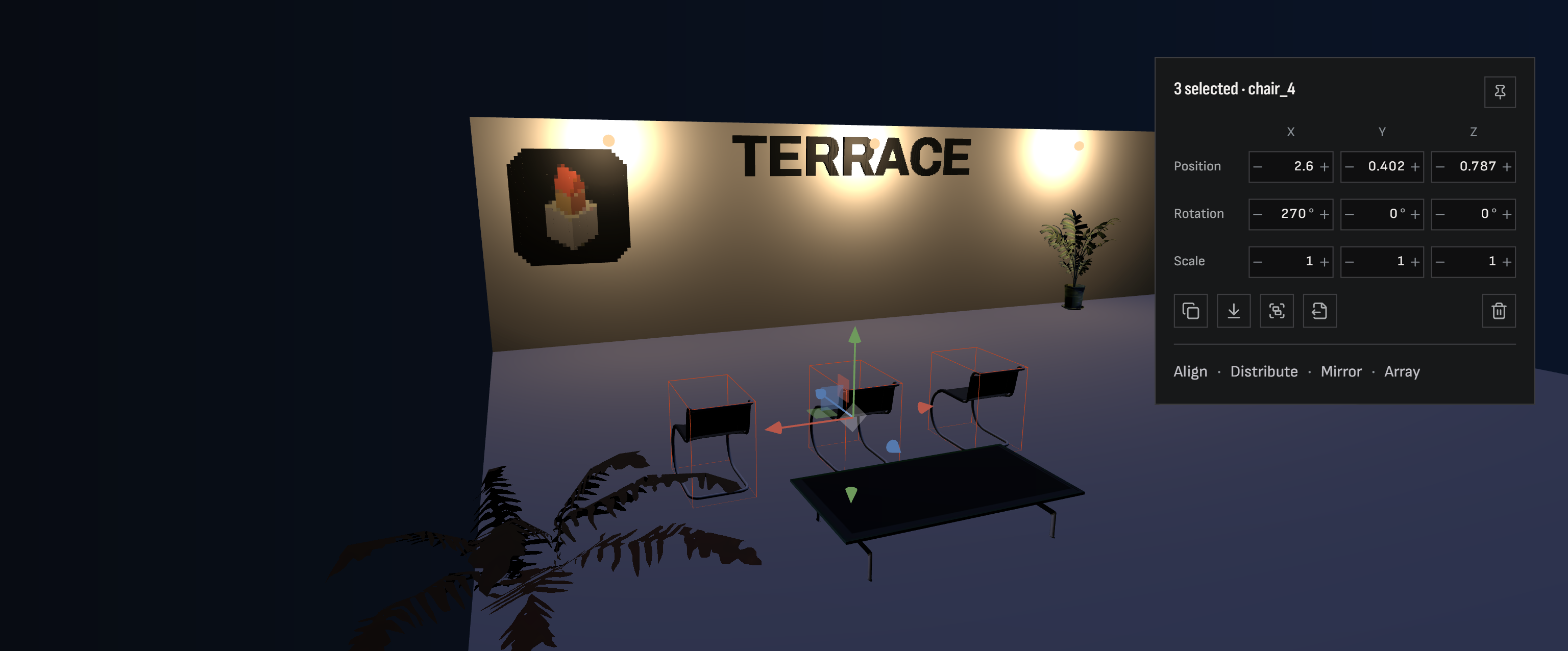 The World Editor with a night terrace open: a lit wall with the lettering TERRACE and a framed picture, three chairs selected around a low table, and the card beside them with their position, rotation and scale.